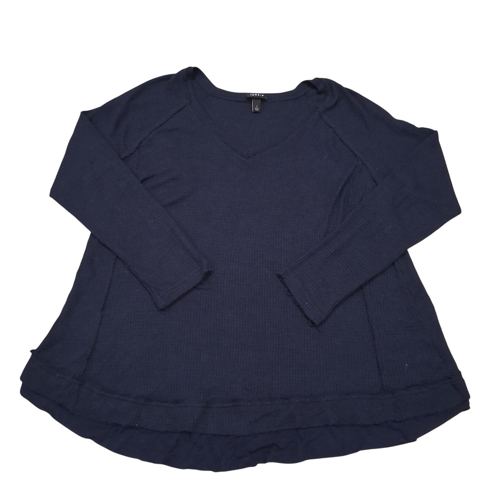 Torrid Womens Navy Blue Waffle Knit Layered Raw Hem V-Neck Tunic Top Size 1 XL